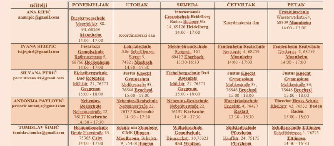 Hrvatska nastava-Raspored koordinacija Mannheim 2025-2026